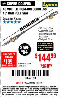 Harbor Freight Coupon 10" BAR POLE SAW Lot No. 64476/64718/63286 Expired: 11/3/19 - $144.99