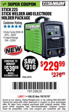 Harbor Freight Coupon TITANIUM STICK 225 INVERTER WELDER WITH ELECTRODE HOLDER Lot No. 64978 Expired: 10/31/19 - $229.99