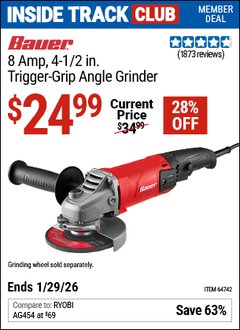 Harbor Freight ITC Coupon BAUER 8 AMP, 4-1/2 IN. TRIGGER-GRIP ANGLE GRINDER Lot No. 64742 Valid Thru: 1/29/26 - $24.99