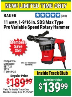 Harbor Freight ITC Coupon 11 AMP, 1-9/16" SDS MAX TYPE PRO VARIABLE SPEED ROTARY HAMMER KIT Lot No. 64425 Expired: 11/25/20 - $139.99