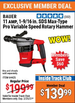 Harbor Freight ITC Coupon 11 AMP, 1-9/16" SDS MAX TYPE PRO VARIABLE SPEED ROTARY HAMMER KIT Lot No. 64425 Expired: 2/25/21 - $139.99