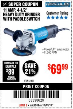Harbor Freight Coupon HERCULES HE61P 11AMP, 4-1/2" GRINDER WITH PADDLE SWITCH Lot No. 62801 Expired: 10/13/19 - $69.99
