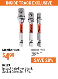 Harbor Freight ITC Coupon BAUER 3 PIECE IMPACT RATED HEX DRILL SOCKET DRIVER SET Lot No. 64605 Expired: 7/29/21 - $4.99