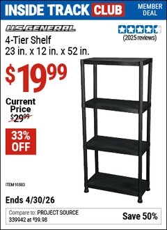 Harbor Freight Coupon U.S. GENERAL 4-TIER SHELF, 23 IN. X 12 IN. X 52 IN. Lot No. 91883 Valid: 12/31/69 - 4/30/26 - $19.99