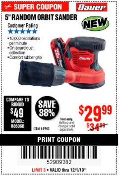 Harbor Freight Coupon 5" RANDOM ORBIT SANDER Lot No. 64943 Expired: 12/1/19 - $29.99