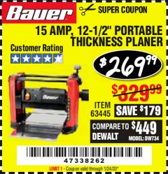 Harbor Freight Coupon BAUER 15 AMP 12 1/2" PORTABLE THICKNESS PLANER Lot No. 63445 Expired: 1/24/20 - $269.99