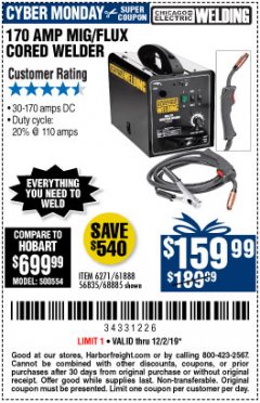 Harbor Freight Coupon 170 AM MIG/FLUX CORED WELDER Lot No. 6271/97503/61888/68885 Expired: 12/2/19 - $159.99