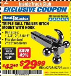 Harbor Freight ITC Coupon TRIPLE BALL TRAILER HITCH MOUNT WITH HOOK Lot No. 62701 Expired: 2/29/20 - $29.99