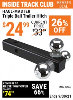 Harbor Freight ITC Coupon HAUL-MASTER TRIPLE-BALL TRAILER HITCH Lot No. 64286 Expired: 9/30/21 - $24.99