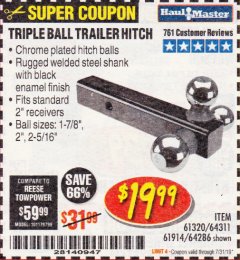 Harbor Freight Coupon HAUL MASTER TRIPLE BALL HITCH Lot No. 61914 61320 64311 64286 Expired: 7/31/19 - $19.99