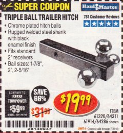 Harbor Freight Coupon HAUL-MASTER TRIPLE-BALL TRAILER HITCH Lot No. 64286 Expired: 7/31/19 - $19.99