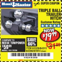 Harbor Freight Coupon HAUL-MASTER TRIPLE-BALL TRAILER HITCH Lot No. 64286 Expired: 10/1/19 - $19.99