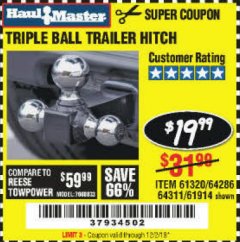 Harbor Freight Coupon HAUL-MASTER TRIPLE-BALL TRAILER HITCH Lot No. 64286 Expired: 12/2/19 - $19.99
