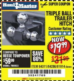 Harbor Freight Coupon HAUL MASTER TRIPLE BALL HITCH Lot No. 61914 61320 64311 64286 Expired: 9/24/19 - $19.99