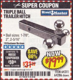 Harbor Freight Coupon HAUL MASTER TRIPLE BALL HITCH Lot No. 61914 61320 64311 64286 Expired: 10/31/19 - $19.99