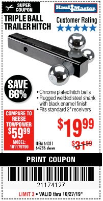 Harbor Freight Coupon HAUL-MASTER TRIPLE-BALL TRAILER HITCH Lot No. 64286 Expired: 10/27/19 - $19.99