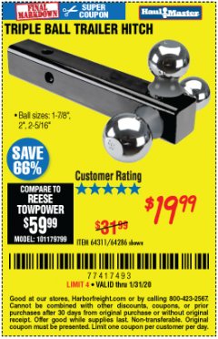 Harbor Freight Coupon HAUL-MASTER TRIPLE-BALL TRAILER HITCH Lot No. 64286 Expired: 1/31/20 - $19.99