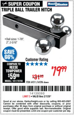 Harbor Freight Coupon HAUL MASTER TRIPLE BALL HITCH Lot No. 61914 61320 64311 64286 Expired: 2/7/20 - $19.99