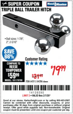 Harbor Freight Coupon HAUL-MASTER TRIPLE-BALL TRAILER HITCH Lot No. 64286 Expired: 2/7/20 - $19.99