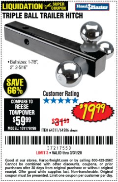 Harbor Freight Coupon HAUL MASTER TRIPLE BALL HITCH Lot No. 61914 61320 64311 64286 Expired: 3/31/20 - $19.99