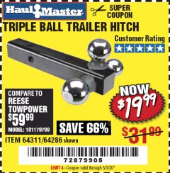 Harbor Freight Coupon HAUL-MASTER TRIPLE-BALL TRAILER HITCH Lot No. 64286 Expired: 6/30/20 - $19.99