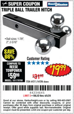 Harbor Freight Coupon HAUL MASTER TRIPLE BALL HITCH Lot No. 61914 61320 64311 64286 Expired: 6/30/20 - $19.99