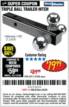 Harbor Freight Coupon HAUL-MASTER TRIPLE-BALL TRAILER HITCH Lot No. 64286 Expired: 6/30/20 - $19.99