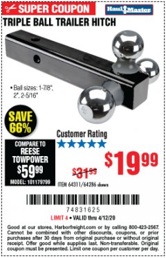 Harbor Freight Coupon HAUL MASTER TRIPLE BALL HITCH Lot No. 61914 61320 64311 64286 Expired: 6/30/20 - $19.99