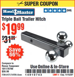 Harbor Freight Coupon HAUL-MASTER TRIPLE-BALL TRAILER HITCH Lot No. 64286 Expired: 11/15/20 - $19.99