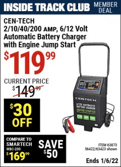 Harbor Freight ITC Coupon CEN-TECH 2/10/40/200 AMP 6/12 VOLT AUTOMATIC BATTERY CHARGER WITH ENGINE JUMP START Lot No. 63423/56422/63873 Expired: 1/6/22 - $119.99