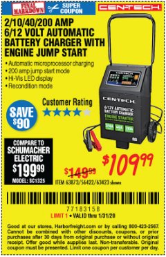 Harbor Freight Coupon CEN-TECH 2/10/40/200 AMP 6/12 VOLT AUTOMATIC BATTERY CHARGER WITH ENGINE JUMP START Lot No. 63423/56422/63873 Expired: 1/31/20 - $109.99
