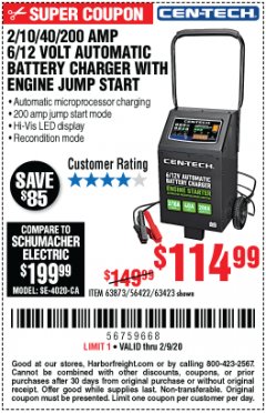 Harbor Freight Coupon CEN-TECH 2/10/40/200 AMP 6/12 VOLT AUTOMATIC BATTERY CHARGER WITH ENGINE JUMP START Lot No. 63423/56422/63873 Expired: 2/9/20 - $114.99