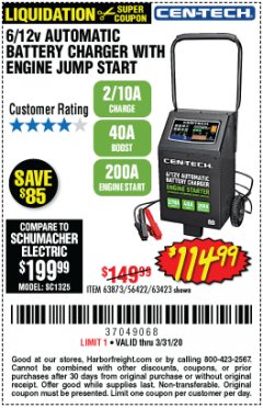 Harbor Freight Coupon CEN-TECH 2/10/40/200 AMP 6/12 VOLT AUTOMATIC BATTERY CHARGER WITH ENGINE JUMP START Lot No. 63423/56422/63873 Expired: 3/31/20 - $114.99