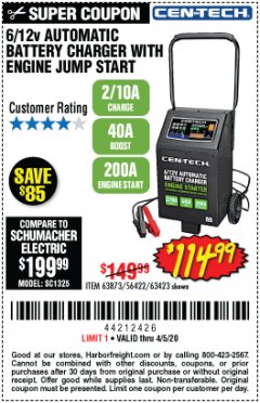 Harbor Freight Coupon CEN-TECH 2/10/40/200 AMP 6/12 VOLT AUTOMATIC BATTERY CHARGER WITH ENGINE JUMP START Lot No. 63423/56422/63873 Expired: 6/30/20 - $114.99