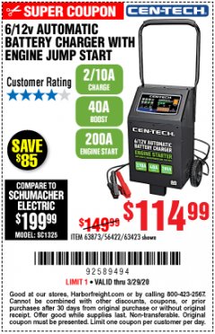 Harbor Freight Coupon CEN-TECH 2/10/40/200 AMP 6/12 VOLT AUTOMATIC BATTERY CHARGER WITH ENGINE JUMP START Lot No. 63423/56422/63873 Expired: 3/29/20 - $114.99