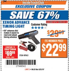 Harbor Freight ITC Coupon XENON ADVANCE TIMING LIGHT Lot No. 40963 Expired: 9/25/18 - $22.99