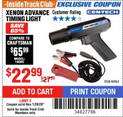 Harbor Freight ITC Coupon XENON ADVANCE TIMING LIGHT Lot No. 40963 Expired: 1/28/20 - $22.99