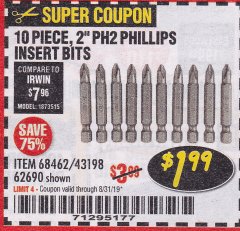 Harbor Freight Coupon WARRIOR 2 IN. PH2 PHILLIPS INSERT BITS, 10-PIECE Lot No. 62690 Expired: 10/11/19 - $1.99