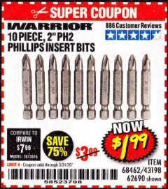 Harbor Freight Coupon 10 PIECE, 2' PH2 PHILLIPS INSERT BITS Lot No. 43198, 68462, 62690 Expired: 3/31/20 - $1.99