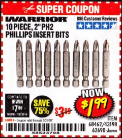 Harbor Freight Coupon WARRIOR 2 IN. PH2 PHILLIPS INSERT BITS, 10-PIECE Lot No. 62690 Expired: 3/31/20 - $1.99
