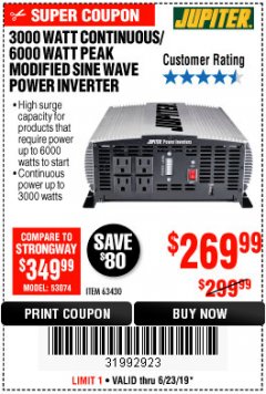 Harbor Freight Coupon 3000 WATT CONTINUOUS/ 6000 WATT PEAK MODIFIED SINE WAVE POWER CONVERTER Lot No. 63430 Expired: 6/23/19 - $269.99