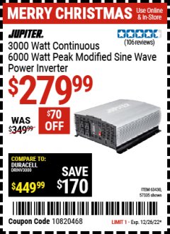 Harbor Freight Coupon 3000 WATT CONTINUOUS/ 6000 WATT PEAK MODIFIED SINE WAVE POWER CONVERTER Lot No. 63430 Expired: 12/26/21 - $279.99