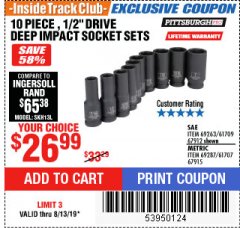 Harbor Freight ITC Coupon 10 PIECE, 1/2" DRIVE DEEP IMPACT SOCKET SETS Lot No. 67912/69263/61709/69287/61707/67915 Expired: 8/13/19 - $26.99
