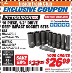 Harbor Freight ITC Coupon 10 PIECE, 1/2" DRIVE DEEP IMPACT SOCKET SETS Lot No. 67912/69263/61709/69287/61707/67915 Expired: 9/30/19 - $26.99
