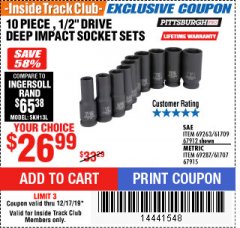 Harbor Freight ITC Coupon 10 PIECE, 1/2" DRIVE DEEP IMPACT SOCKET SETS Lot No. 67912/69263/61709/69287/61707/67915 Expired: 12/17/19 - $26.99