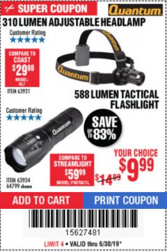 Harbor Freight Coupon 310 LUMEN ADJUSTABLE HEADLAMP/588 LUMEN TACTICAL FLASHLIGHT Lot No. 63921/63934/64799 Expired: 6/30/19 - $9.99