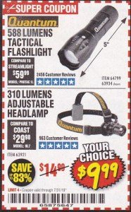 Harbor Freight Coupon 310 LUMEN ADJUSTABLE HEADLAMP/588 LUMEN TACTICAL FLASHLIGHT Lot No. 63921/63934/64799 Expired: 7/31/19 - $9.99