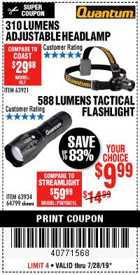 Harbor Freight Coupon 310 LUMEN ADJUSTABLE HEADLAMP/588 LUMEN TACTICAL FLASHLIGHT Lot No. 63921/63934/64799 Expired: 7/28/19 - $9.99