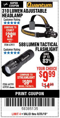 Harbor Freight Coupon 310 LUMEN ADJUSTABLE HEADLAMP/588 LUMEN TACTICAL FLASHLIGHT Lot No. 63921/63934/64799 Expired: 8/25/19 - $9.99