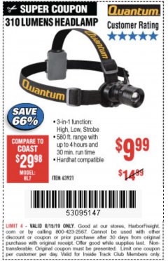 Harbor Freight Coupon 310 LUMEN ADJUSTABLE HEADLAMP/588 LUMEN TACTICAL FLASHLIGHT Lot No. 63921/63934/64799 Expired: 8/15/19 - $9.99